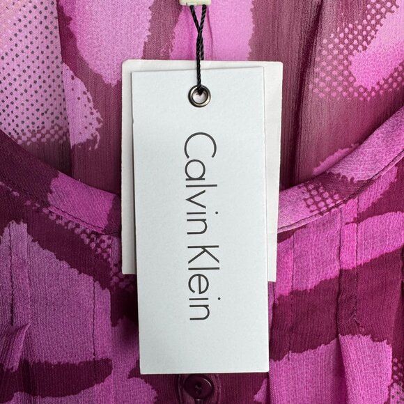 Calvin Klein Pink Purple Abstract Print Blouse Size XL Flutter Sleeves Tie‎ Side - Picture 3 of 7